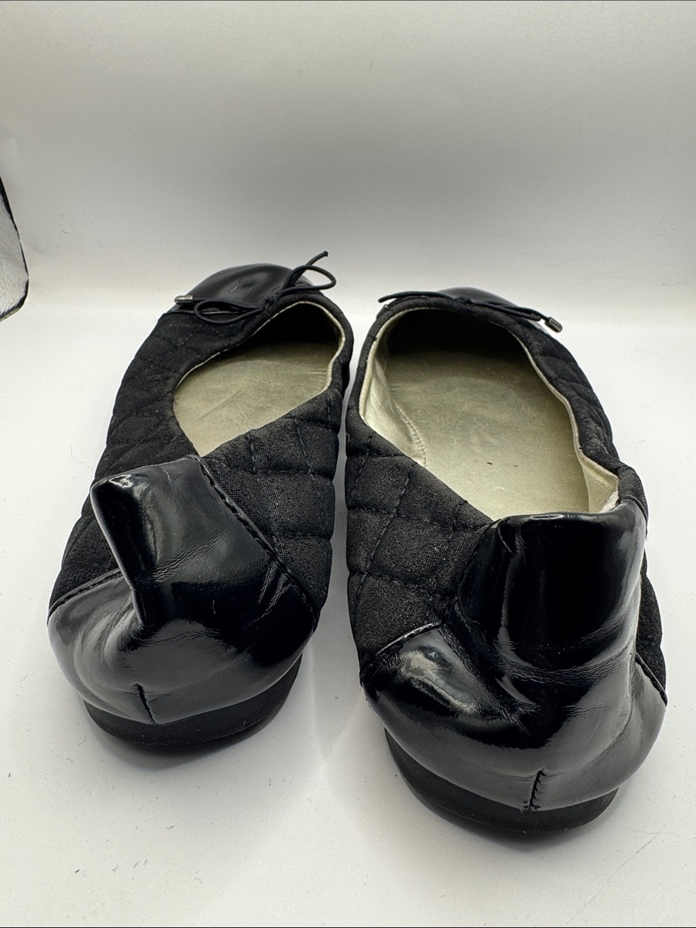 Justice Black Quilted Ballet Flats Patent Toe Bow Slip On Shoes Size 8 - Picture 8 of 12